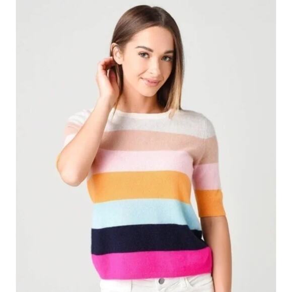 WHITE + WARREN Tilda Colorful Striped Short Sleeve Cashmere Sweater Small NWT - Picture 7 of 7